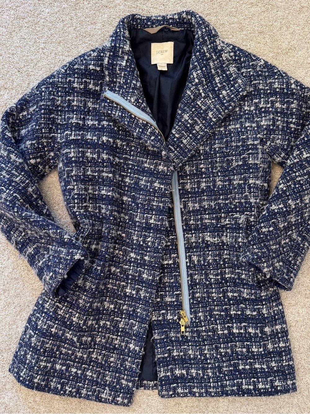 J. Crew Navy & White Tweed Zip-Front Blazer Jacket 6 Petite